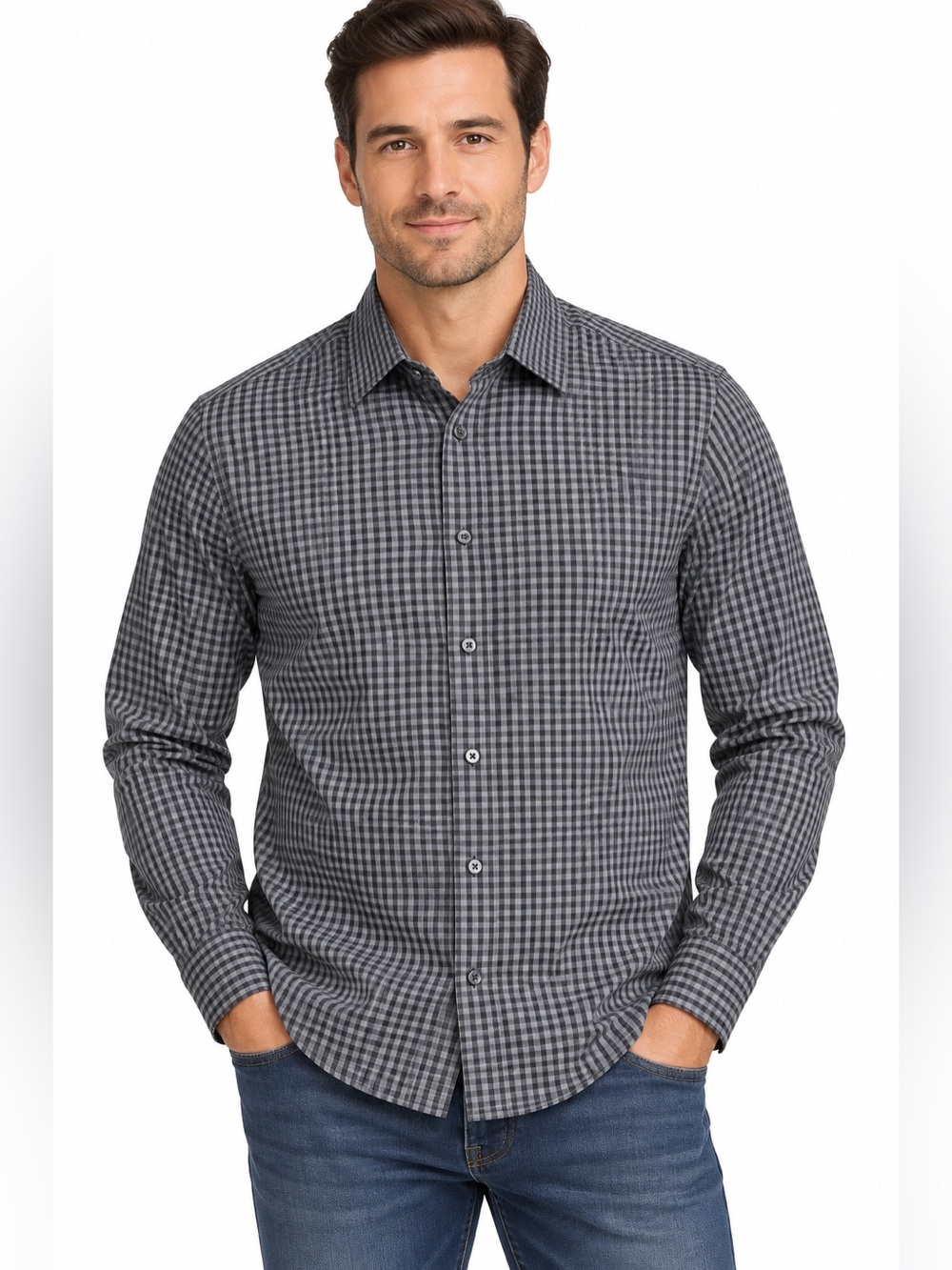 Bonobos Men’s Gray Black Check Long Sleeve Button Down Dress Shirt